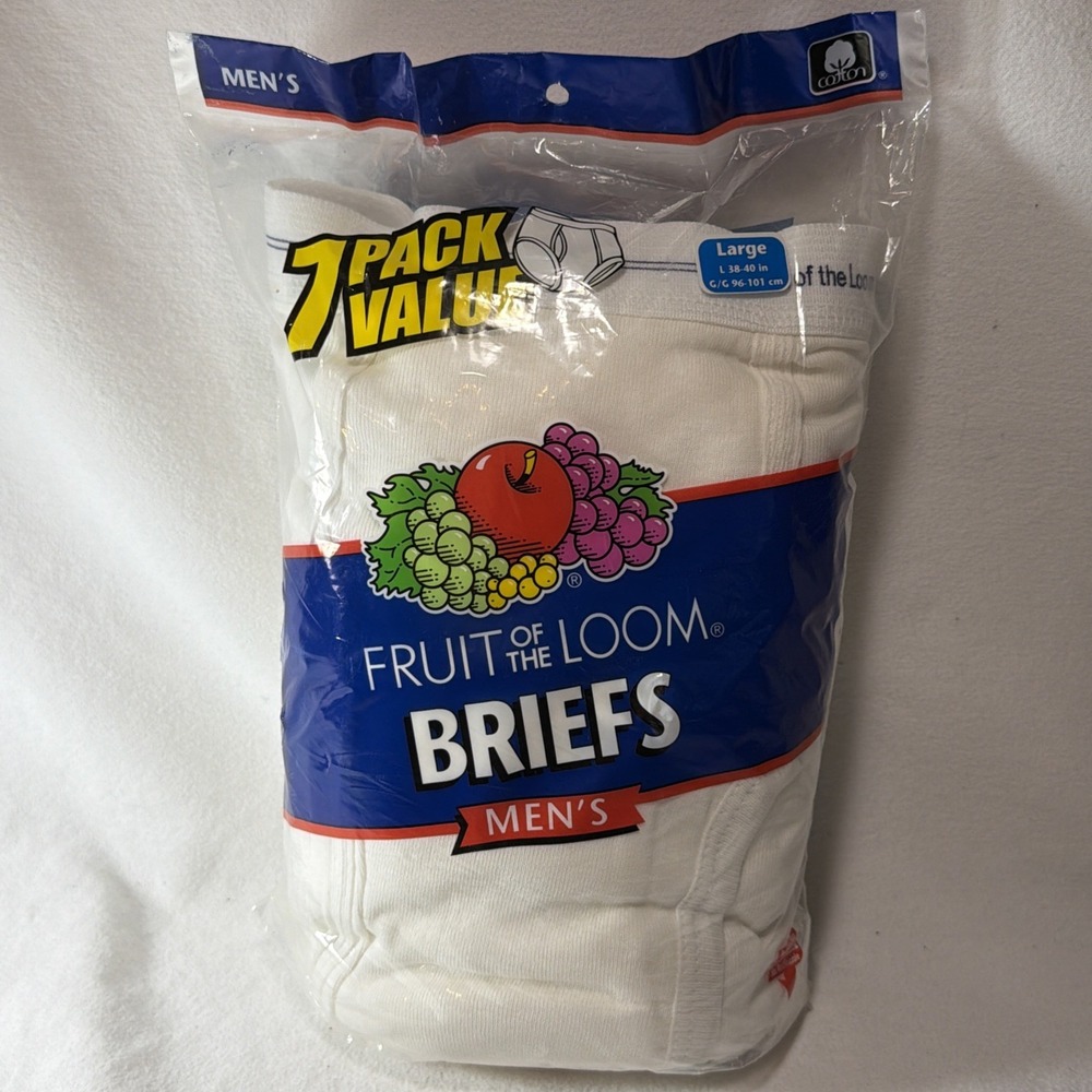 Vtg Fruit of the Loom Mens White Briefs 7 Pack Value Large 38-40 Cotton 2005